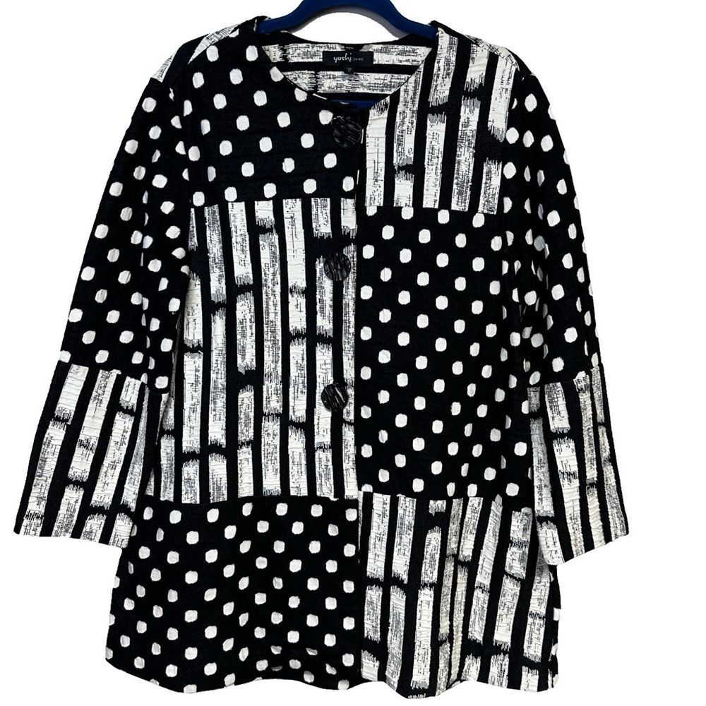 Yushi Black Cream Woven Knit Button Jacket Lagenlook Artsy Polka Dot Stripes L